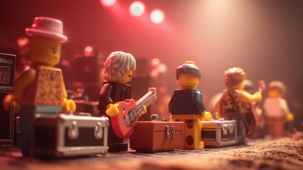 LEGO-style musician minifigs tuning guitars beside flight cases