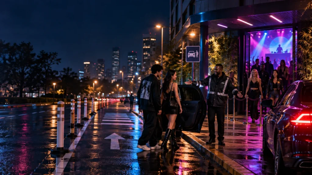 Nighttime club exit with colorful stage lights, people entering cars at a curbside pickup area, and a staff member in reflective gear directing them beside a wet city street.