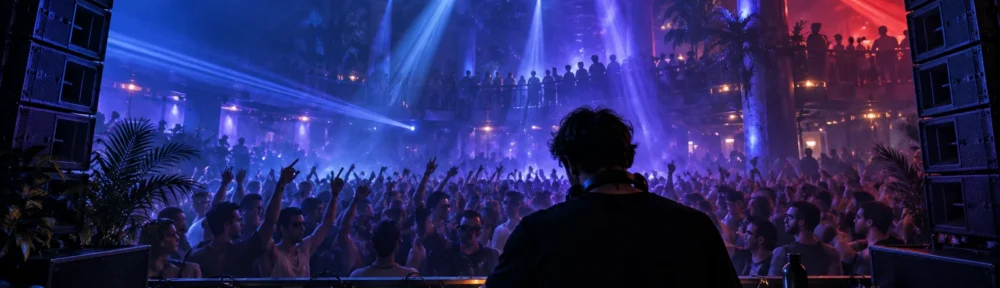 DJ seen from behind at a mixer and turntables, facing a crowded multilevel nightclub with large speaker stacks, a disco ball, and blue, purple, and red stage lighting.