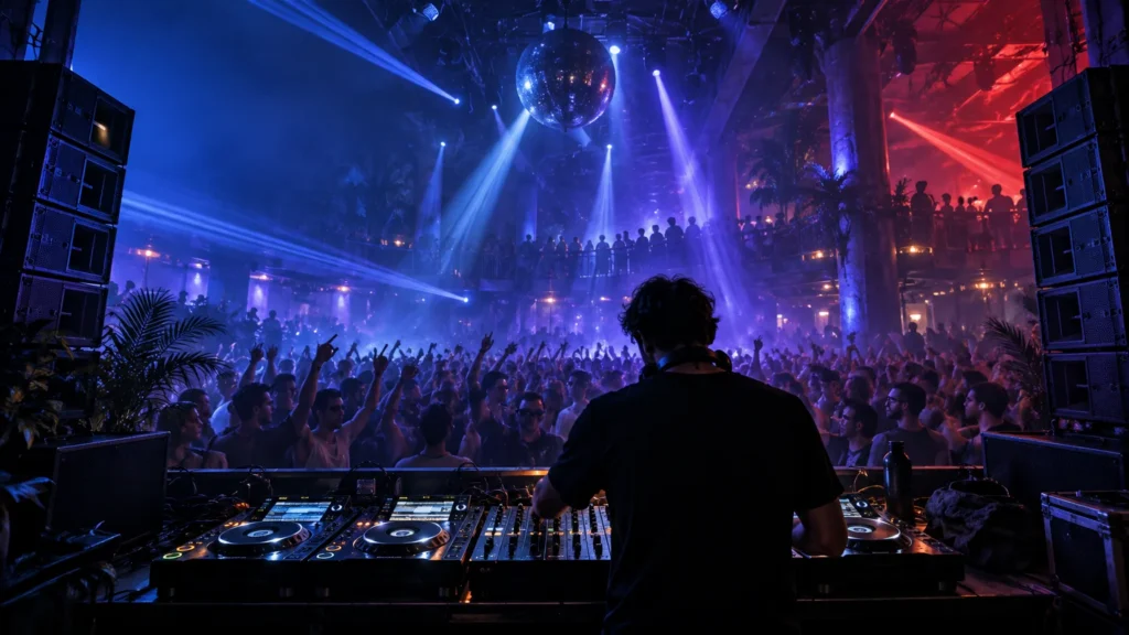 DJ seen from behind at a mixer and turntables, facing a crowded multilevel nightclub with large speaker stacks, a disco ball, and blue, purple, and red stage lighting.