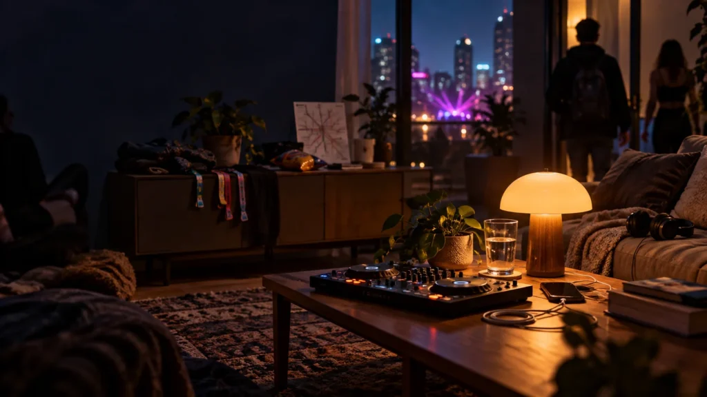 Warmly lit apartment living room at night with a DJ controller on a coffee table, headphones, drinks, festival wristbands, and two silhouetted people near windows overlooking a purple-lit city event.