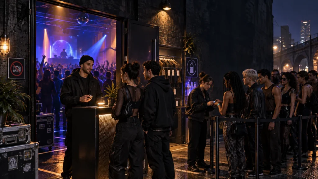 Nighttime nightclub entrance with a queue behind barriers, staff checking a guest’s wristband, merchandise racks, equipment cases, and a crowded DJ-lit dance floor visible through the open door.