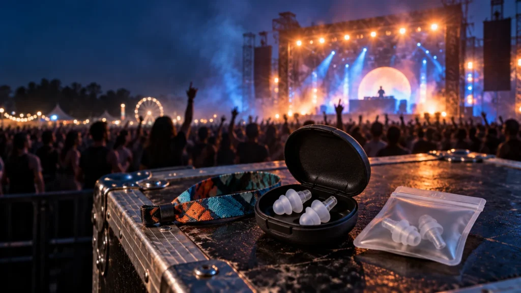 Reusable earplugs in an open black case and a small clear bag sit on a road case beside a lanyard, with a large illuminated festival stage and crowd in the background at night.