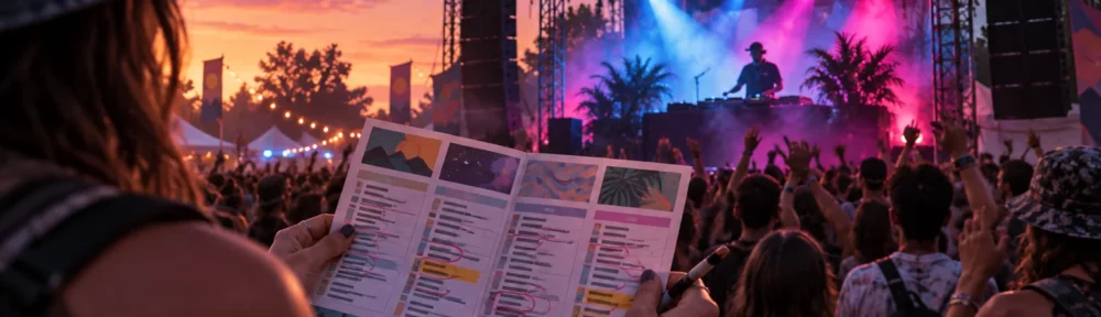 Festival-goer holds a marked-up schedule sheet and pen while facing a DJ performing on an outdoor stage with colorful lights, smoke, and a crowd at sunset.