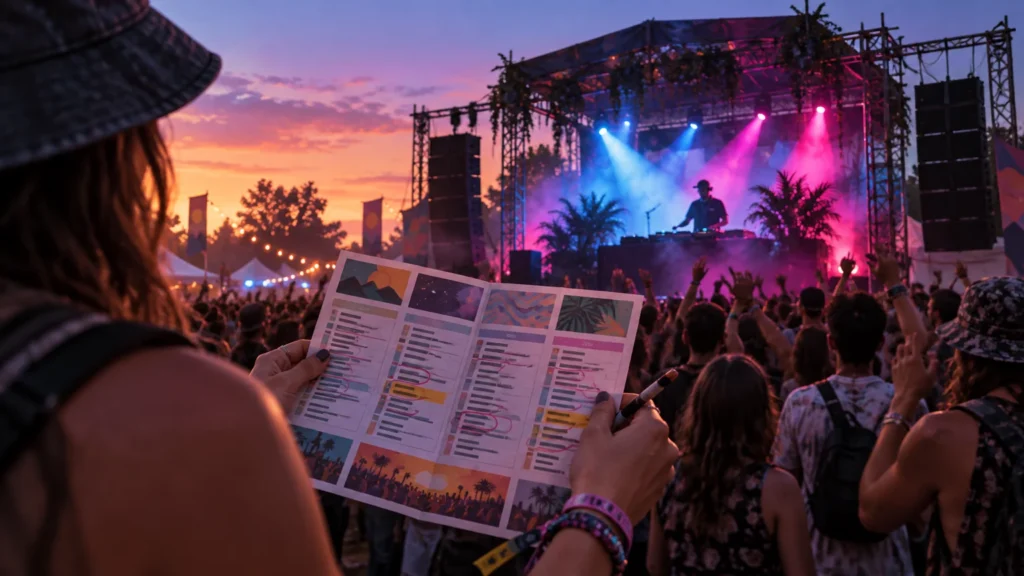 Festival-goer holds a marked-up schedule sheet and pen while facing a DJ performing on an outdoor stage with colorful lights, smoke, and a crowd at sunset.