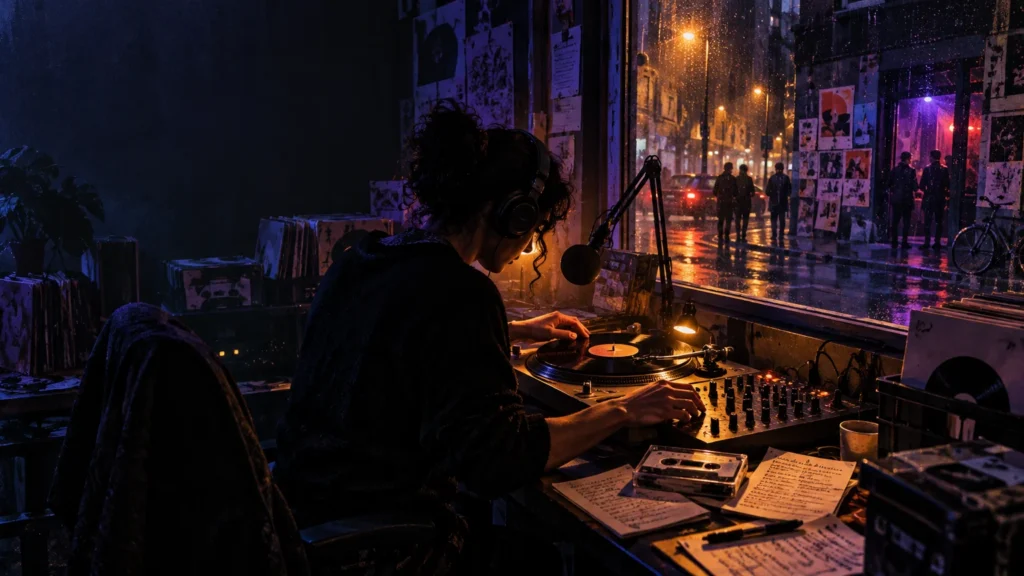A headphone-wearing DJ adjusts a mixer and turntable in a dim record-filled radio studio, with rain-streaked windows looking onto a colorful late-night street scene.