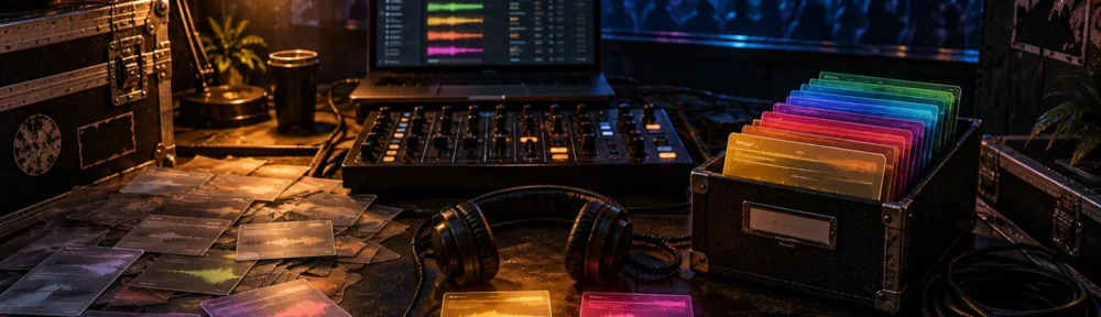 DJ workspace with a laptop music library, mixer, headphones, colorful waveform cards in a case, and a concert crowd under blue and pink stage lights.