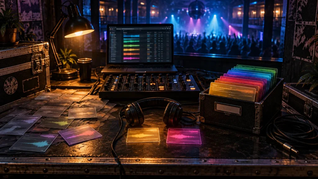DJ workspace with a laptop music library, mixer, headphones, colorful waveform cards in a case, and a concert crowd under blue and pink stage lights.