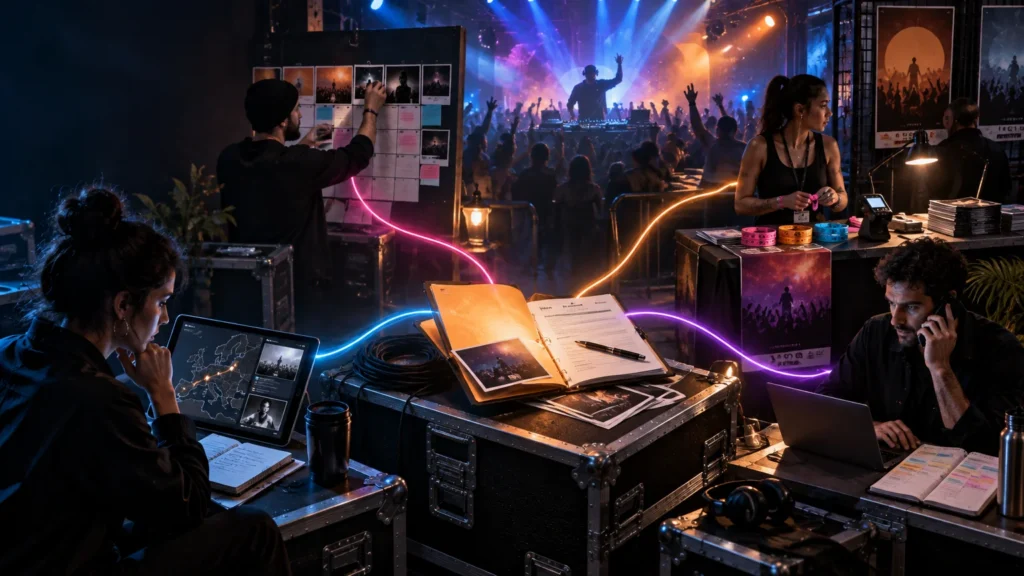 Editorial composite of an EDM event operation: a DJ performs before a raised-hands crowd and colorful stage lights while staff work around flight cases, calendars, a route map, contracts, wristbands, posters, laptops, and a merch table.