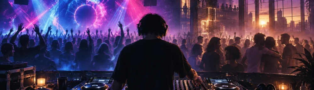DJ seen from behind at a mixer as a large crowd dances under pink and blue stage lights, disco balls, and a glowing sunset through tall warehouse windows.