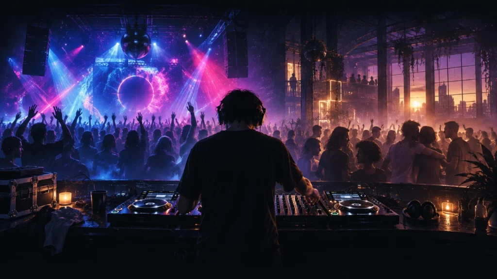 DJ seen from behind at a mixer as a large crowd dances under pink and blue stage lights, disco balls, and a glowing sunset through tall warehouse windows.