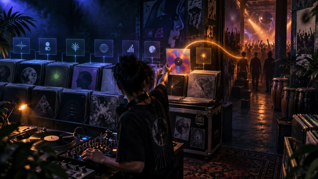 A DJ browses vinyl records and works a turntable mixer in a dim, neon-lit music shop, with floating genre-like icons above record bins and a festival crowd scene in the background.