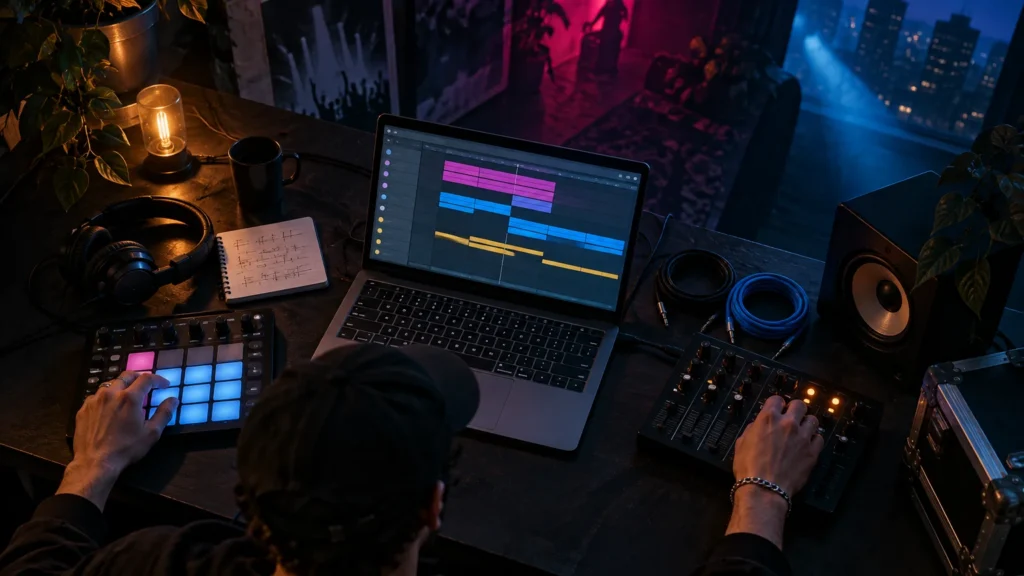 Overhead view of a music producer using pad and mixer controllers beside a laptop showing a multicolored audio arrangement, with headphones, cables, speakers, and a notebook on a dimly lit desk.